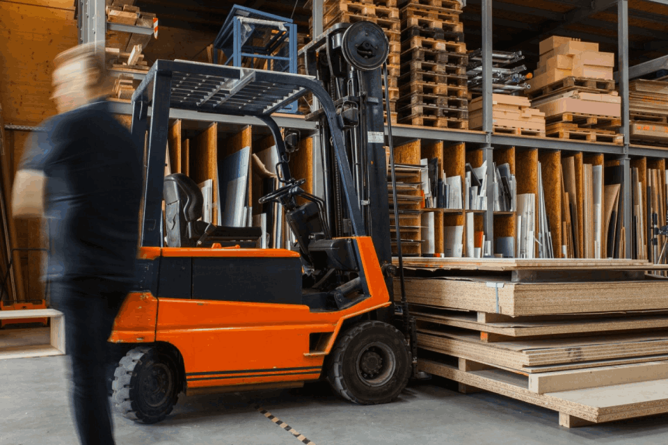 Forklift moving wood in a busy warehouse.